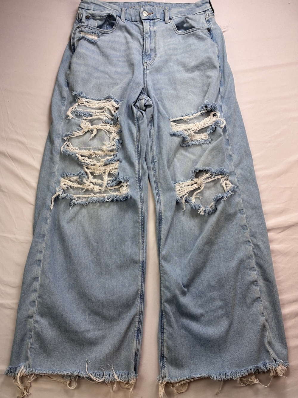 American Eagle Curvy Super High Rise Baggy Wide Leg Distressed Sz 12S Stretchy